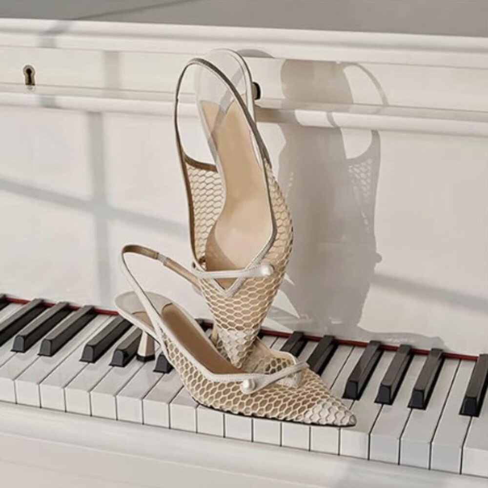 XYD White Mesh Slingback Kitten Heels Pointed Toe Pumps Slip on Dress Shoes